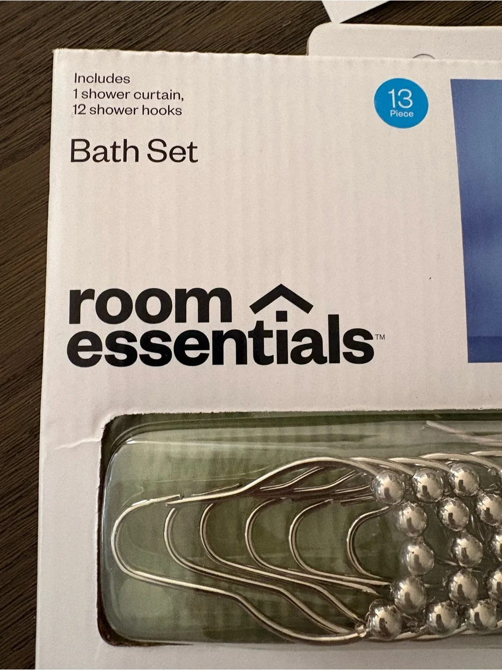 Room Essentials Light Green Waffle Shower Curtain with Blue Stripe Accents